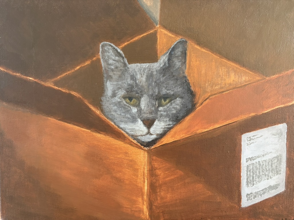 Painting of a grey cat with yellow-green eyes peeking out of a warm orange-brown cardboard box.